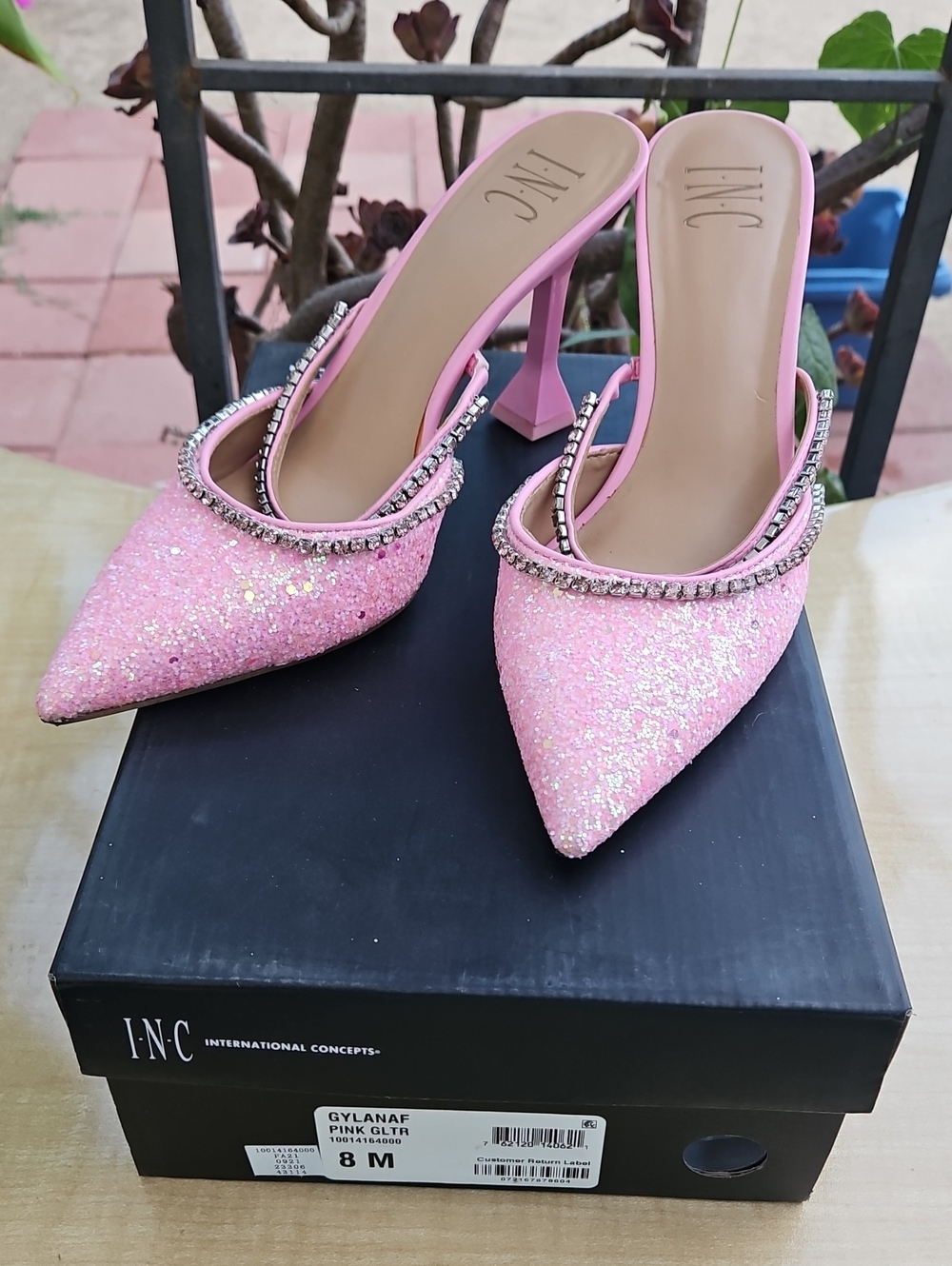 INC International Concepts Pink Glitter Pointed Toe Heeled Mules